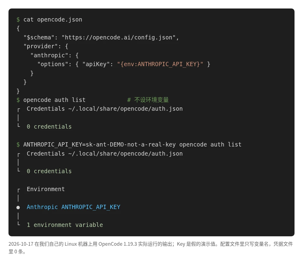 终端截图：opencode.json 用 env 变量引用 API Key，opencode auth list 显示凭据文件 0 条、环境变量 1 个